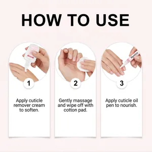 Step-by-step instruction guide showing cuticle remover cream, cotton pad, and nourishing pen use.