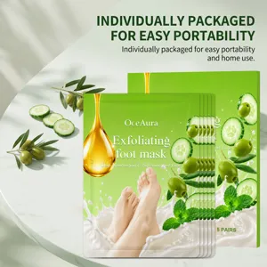 OceAura exfoliërend voetmasker detail met voedende essence en gladde voetverzorging thuis.