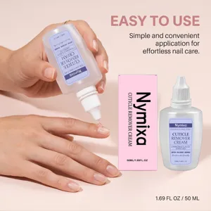 Nymixa cuticle remover cream detail shot showing easy application on fingernails and package.