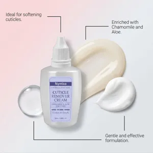 Cuticle remover cream detail with chamomile and aloe, gentle softening formulation for nails.