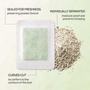 Close-up detail view of herbal foot care patch showing breathable green powder bag and texture.