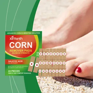 Detail view of corn remover pads with salicylic acid and multiple pieces for foot care.