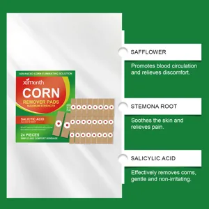 Corn remover patch detail showing active ingredients like salicylic acid and herbal extracts.