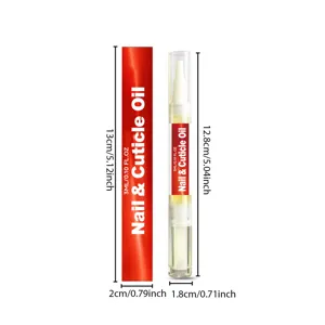 Detail view of cuticle oil pen and packaging, showing precise dimensions and clear 3ml size.