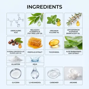 Λεπτομερής infografiko συστατικών στυλό νυχιών με φυσικά φυτικά εκχυλίσματα και δραστικά.