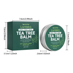 Vista dettagliata del balsamo all'albero del tè Laniska con dimensioni scatola e barattolo, 60g.