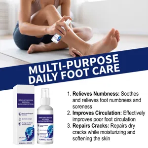 Foot care spray detail showing refreshing formula, moisturizing texture and anti-fungal action.