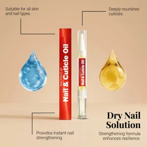 Cuticle care pen detail view showing nourishing nail oil formula, dropper graphics, and pen design.