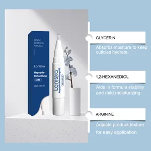 Detail view of Laniska nail care pen showcasing core ingredients like glycerin and arginine.