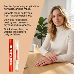 Nail cuticle oil detail view, precise tip applicator for dry nail care and deep hydration.