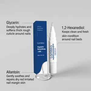 Detail view of Laniska nail care pen featuring active ingredient callouts for nail care.