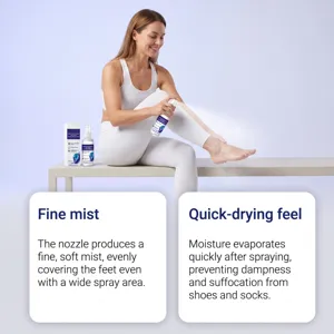 Foot care spray detail showing fine mist nozzle and quick drying feel for refreshing feet.