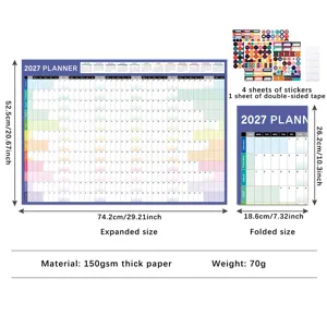 2027 wall planner calendar with stickers and double-sided tape, 150gsm thick paper, size details.