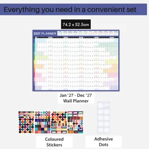 2027 wall planner set with coloured stickers and adhesive dots, size 74.2x52.5cm.