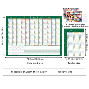 2027 English wall calendar planner with stickers, large size 74x52cm for home office desk.