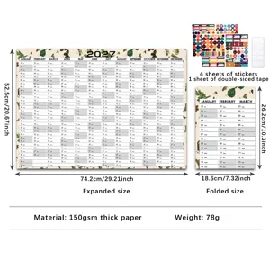 Detailed view of 2027 English wall calendar showing dimensions, 150gsm paper, and included stickers.