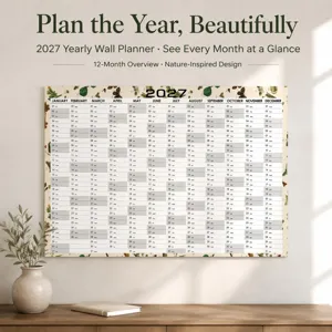 Detail view of the 2027 wall calendar hanging on a wall with natural botanical decor.
