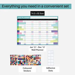 2027 wall planner calendar set with coloured stickers and adhesive dots, 74.2x52.5cm size.