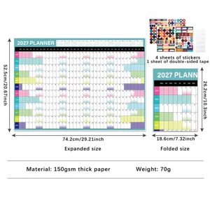 Detailed view of the 2027 wall planner with dimension specifications, stickers and paper material.