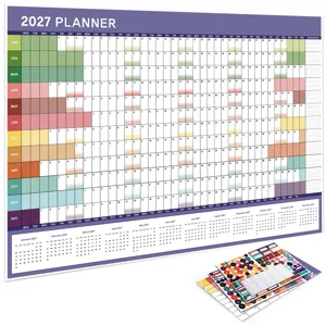 2027 yearly wall calendar planner with monthly grids and colorful reminder stickers for office.