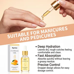 Nymixa nail cuticle oil detail showing deep hydration, fast absorption and precise dropper control.