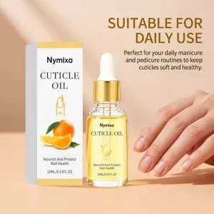 Detailed view of Nymixa cuticle oil bottle with dropper and fresh orange illustration design.