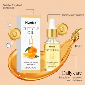 Close-up detail of Nymixa cuticle oil bottle and box with nourishing golden liquid splash.