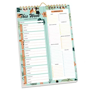 Weekly meal planner detail shot showing layout with grocery list and daily sections, spiral bound.