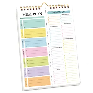 A5 weekly meal planner and grocery list notepad with tearable spiral binding for daily food tracking.