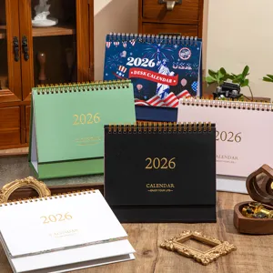 2026 desk calendar with minimalist Morandi colors, elegant gold foil lettering and metal binding.