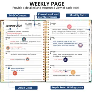 2026 weekly planner notebook detail page with floral design and structured layout features.