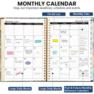 2026 floral planner notebook with monthly tabs, daily blocks, and notes for productivity.