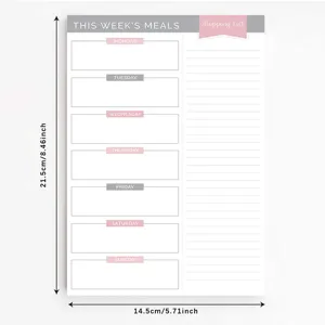 Minimalist weekly meal planner notepad with daily menu slots and shopping list for kitchen tracking.