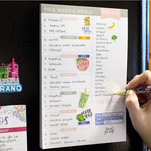 Magnetic weekly meal planner pad with tearable menu, daily recipe and grocery shopping list.