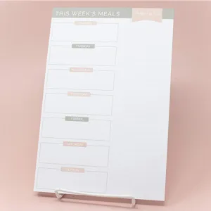 Weekly meal planner notepad with daily food schedule and shopping list detail display pad
