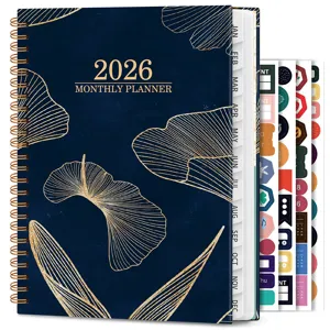 2026 monthly planner notebook with golden ginkgo leaf pattern, tabs and stickers for efficient schedule