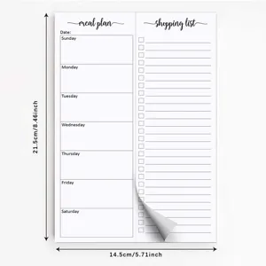 Minimalist meal planner and shopping list notepad with daily schedule and tear-off design.