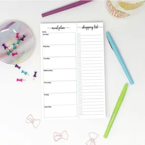 Weekly meal plan notepad and shopping list memo pad with tearable pages for daily schedule.