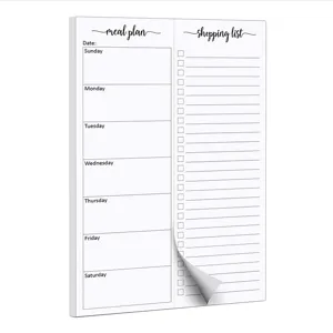 Minimalist meal planner and shopping list notepad with weekly schedule layout for easy planning.