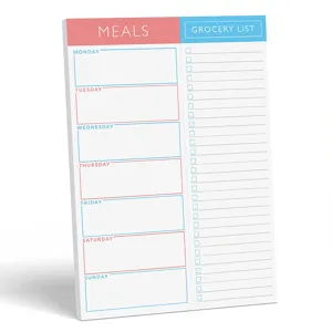 Weekly meal planner notepad with magnetic grocery list pad for kitchen fridge organization.