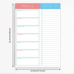 Weekly meal planner notepad with grocery list, 21.5x14.5cm daily menu schedule pad.