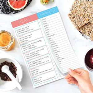 Detail view of the tearable weekly meal planner notepad with daily recipe and grocery checklist.