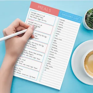 Minimalist daily meal planner notepad with grocery list, tear-away weekly menu pad.