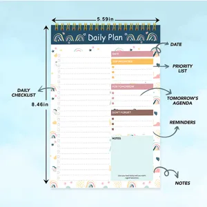 A5 daily spiral planner notebook feature detail showing layout, checklist and note sections.