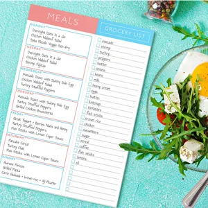 Meal planner notepad with weekly menu and grocery list tearable sticky notes minimalist style.