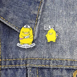 Cute funny yellow duck enamel pin set, nurse and syringe cartoon brooches for clothes, bags
