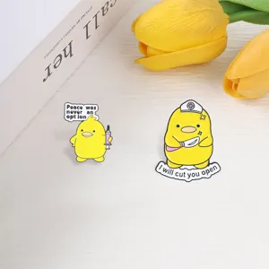 Cute funny duck enamel pin set, nurse and syringe yellow duck badge accessories detail.