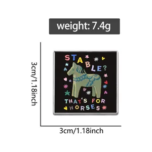 Detailed view of the square retro graffiti Dala horse brooch badge, showing size and weight specs.