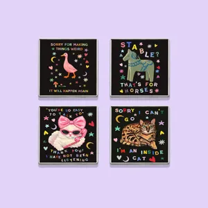 Vintage doodle style cute pet brooch set funny animal quote square badge accessories
