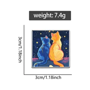 Broche émaillée chat mignon carré, badge au design de nuit étoilée artistique pour vêtement.